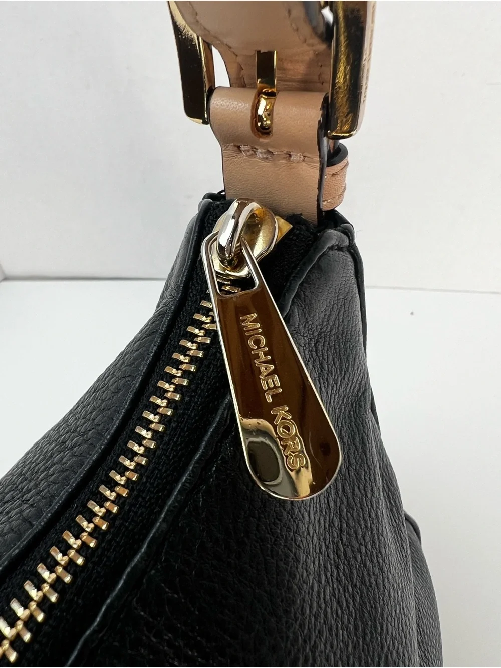 Michael Kors Black Pebbled Leather Shoulder Bag with Tan Trim